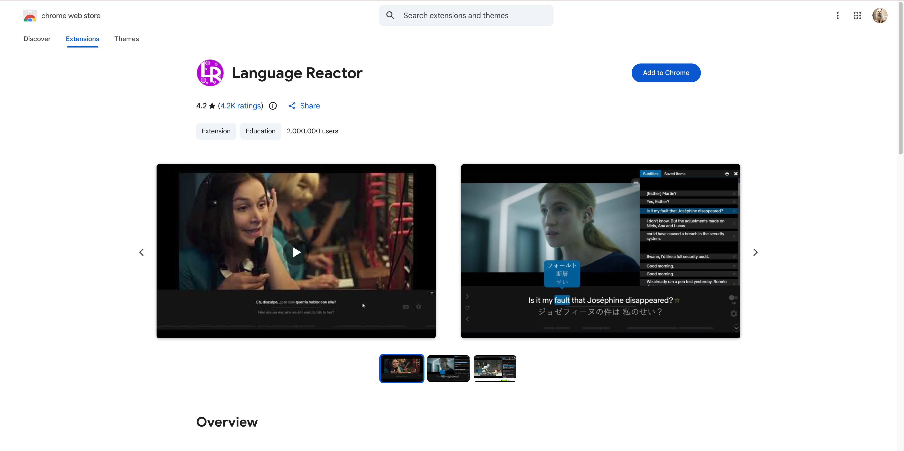 Screenshot of Language Reactor Google Web Store page