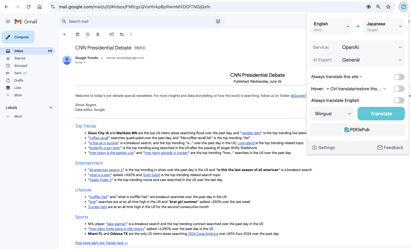 Google plugin "DeepTranslate" displaying English emails in bilingual English-Japanese format