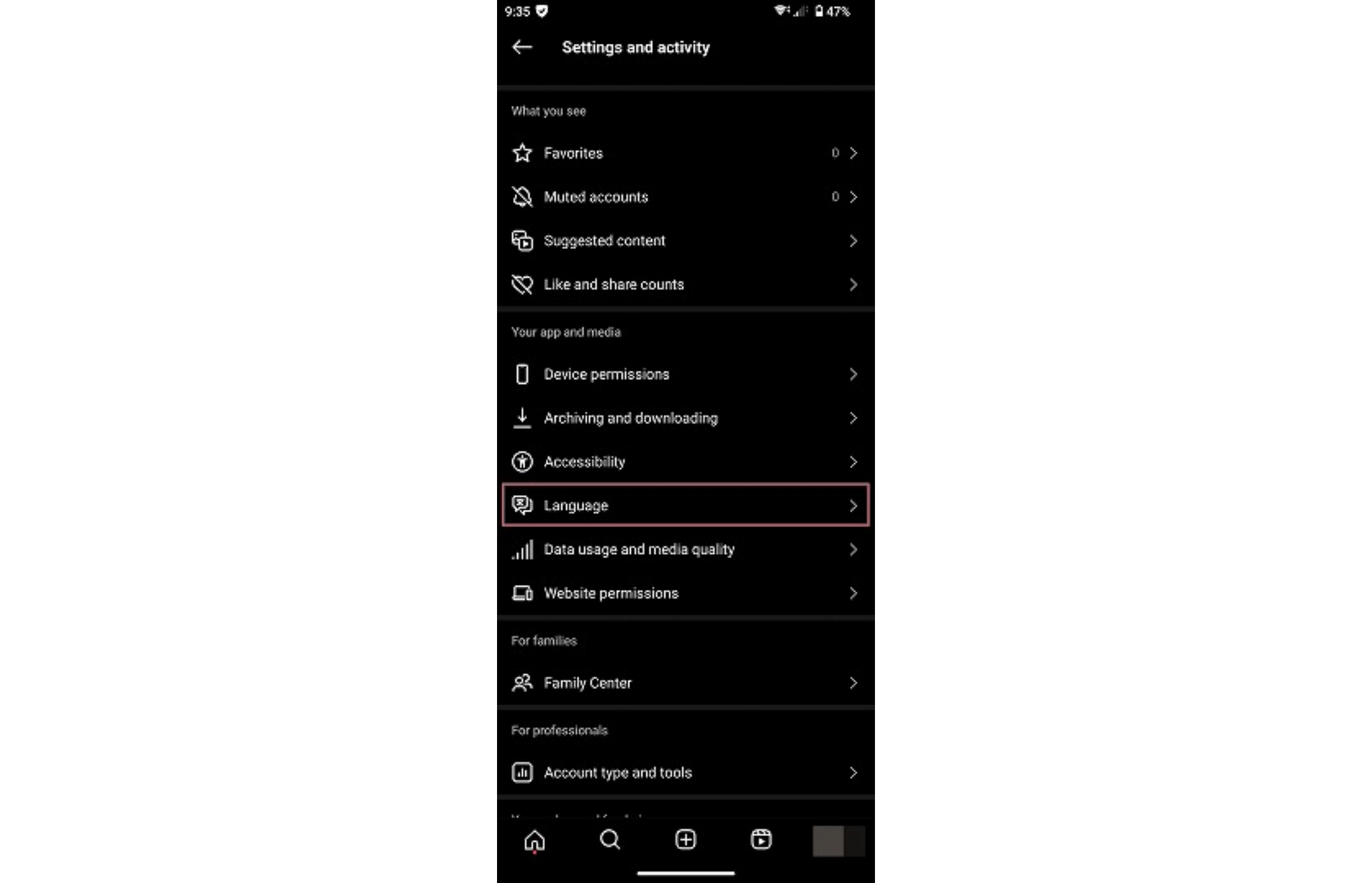 Android Instagram Settings: Select "Language"