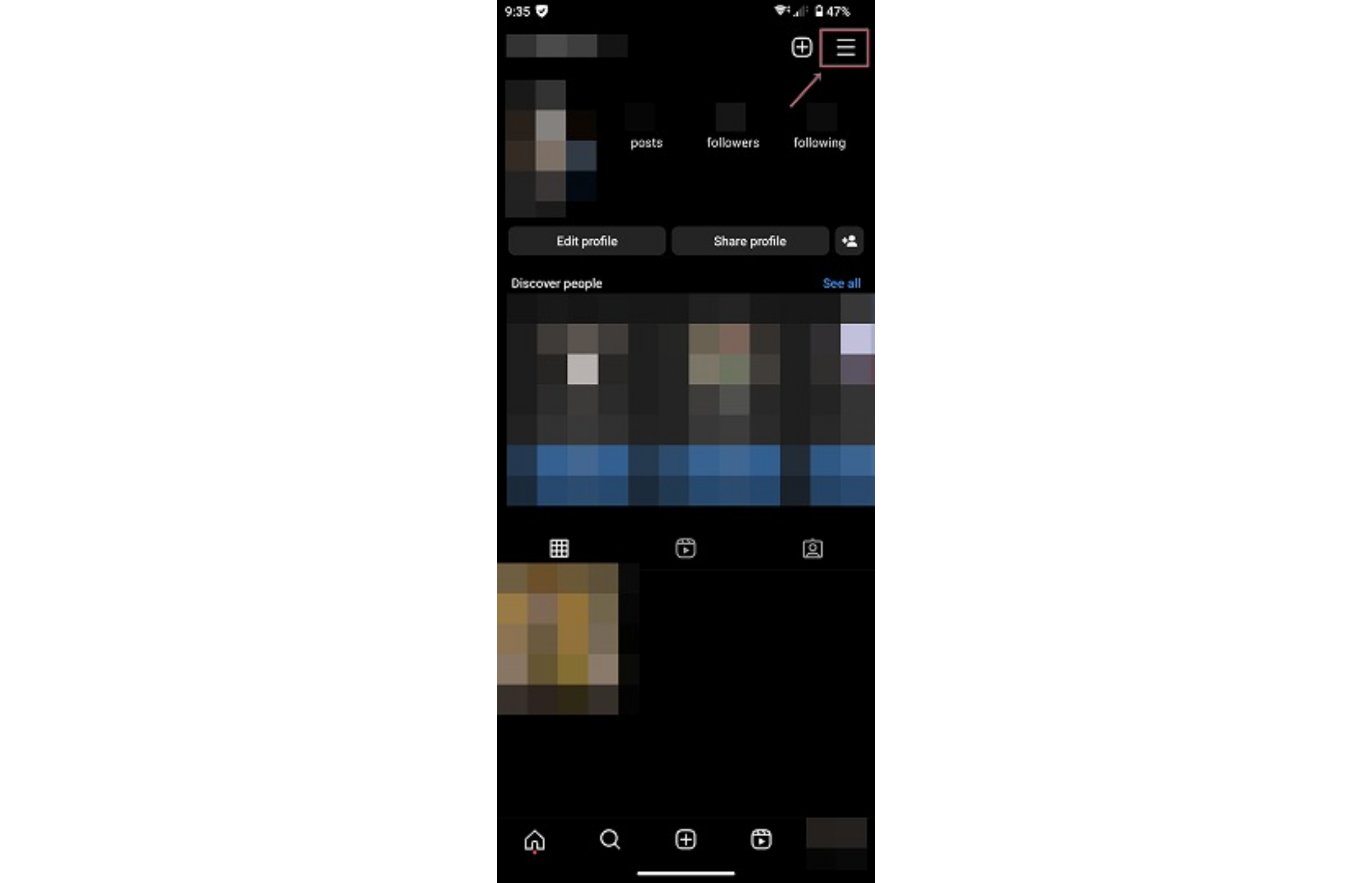 Android Instagram Settings: Tap the "≡" in the top right of the app